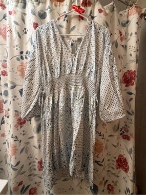 Roxy White and Light Blue Floral Smocked-Waist Mini Dress